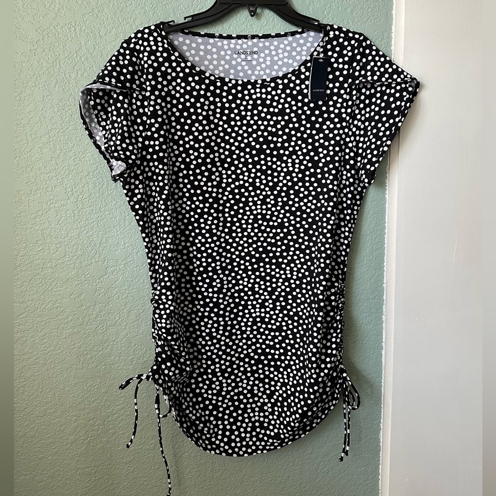 Lands End Womens Swim shirt Tunic black & white polka dots sz Large (14-16) NWT